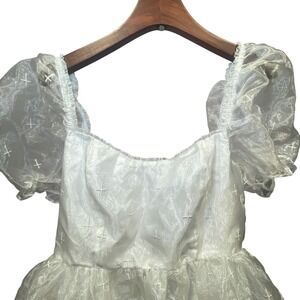 Widow White Organza Cross Embroidered Tiered Puff Sleeve Mini Dress XL Gothic